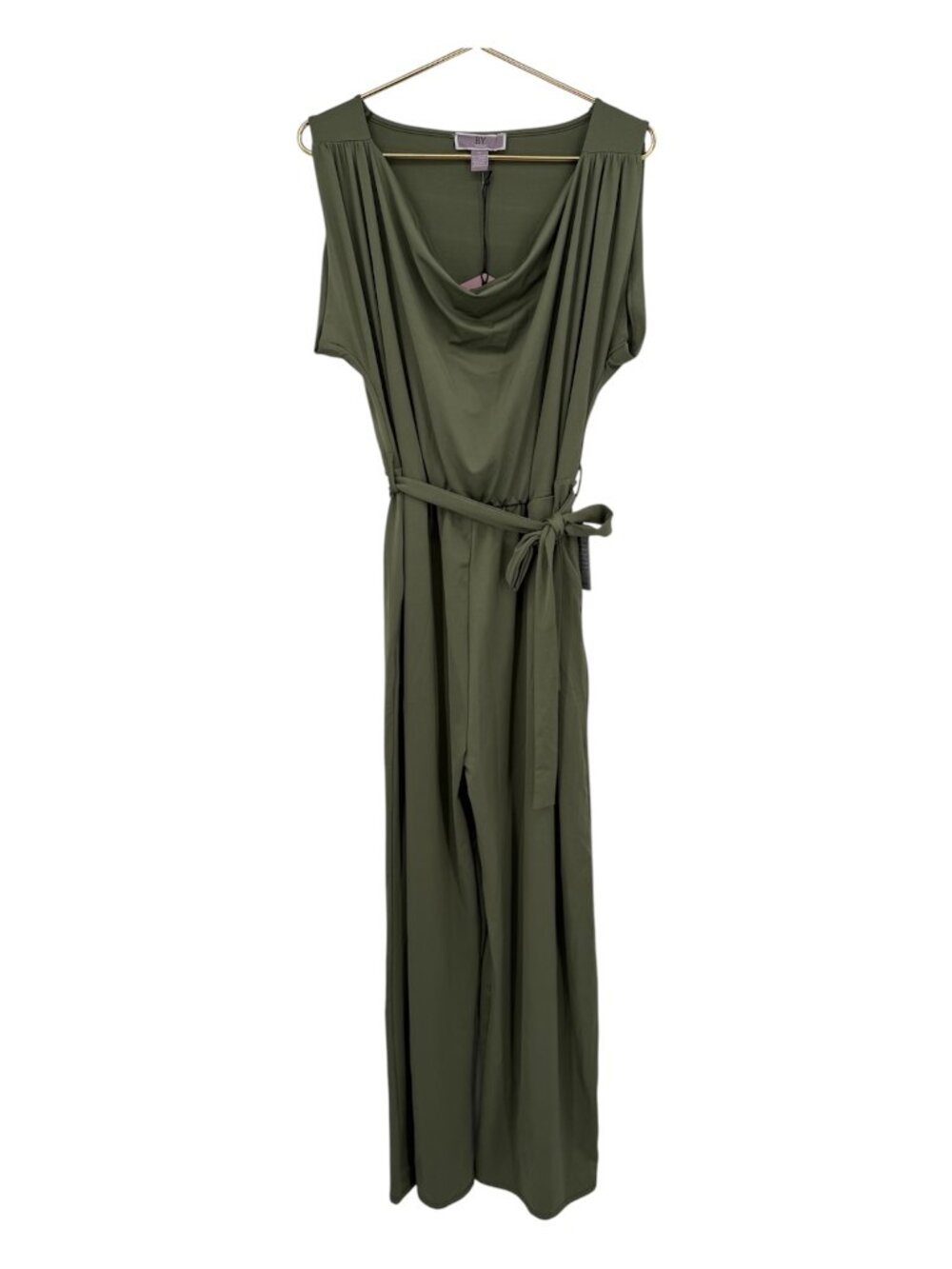 BY Design Marielle Olive Drape Neck Wide Leg Jumpsuit Self Tie Belt XL NWT